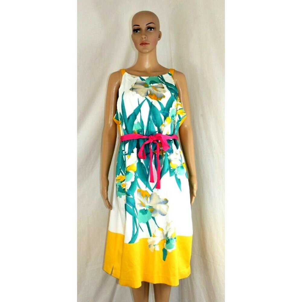 Tahari Corrina Teal Yellow Watercolor Floral Sleeveless Dress Woman Size 18 New